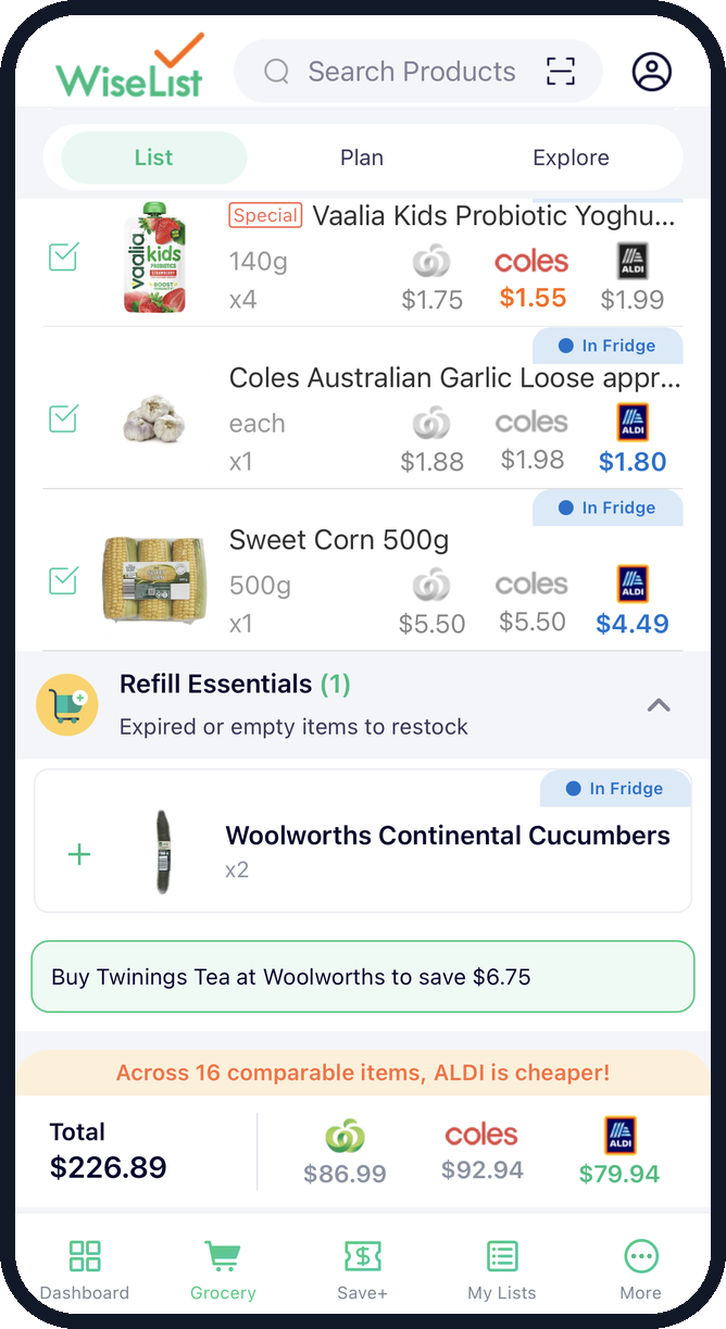 WiseList grocery list showing Woolworths, Coles and ALDI prices on every item, fridge and pantry tracking, and ALDI as the cheapest store for the whole list