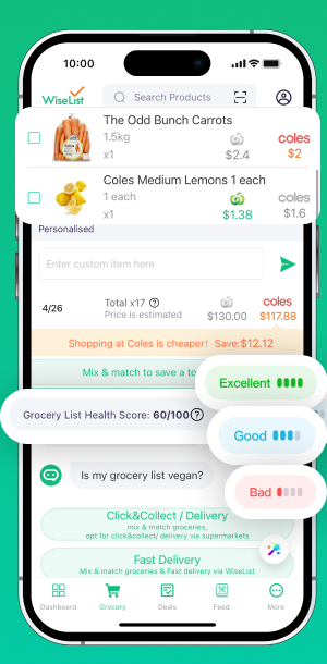 WiseList App Screenshot showing grocery price comparison