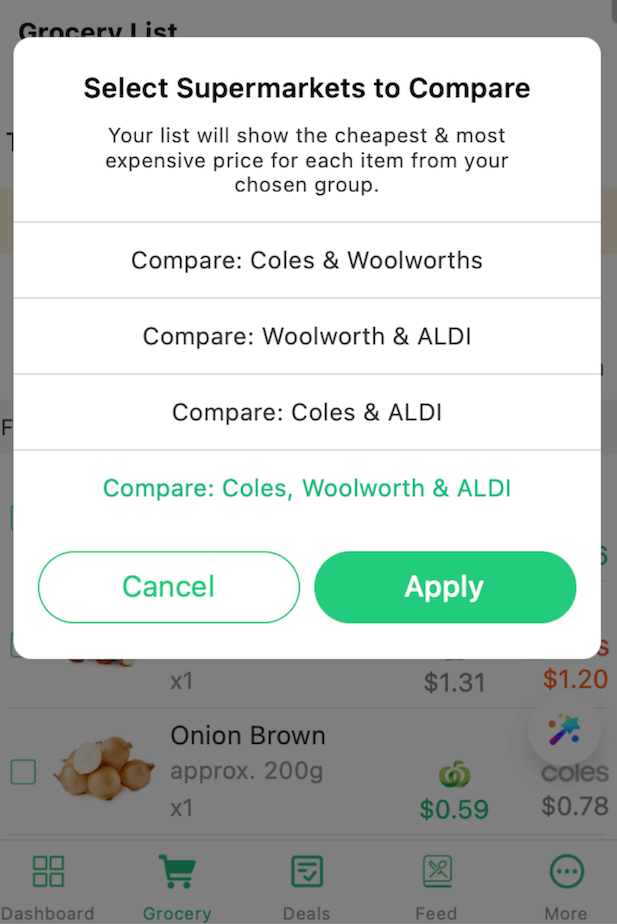 Screenshot of the WiseList app showing grocery price comparison options for Coles, Woolworths, and Aldi, highlighting the cheapest store for a shopping list.