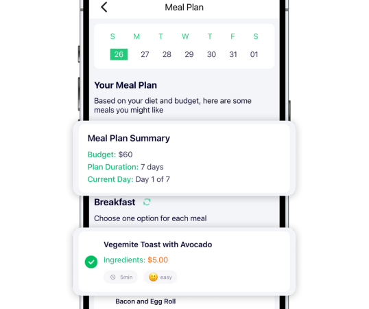 A screenshot of the WiseList AI Meal Planner showing a weekly schedule of meals.