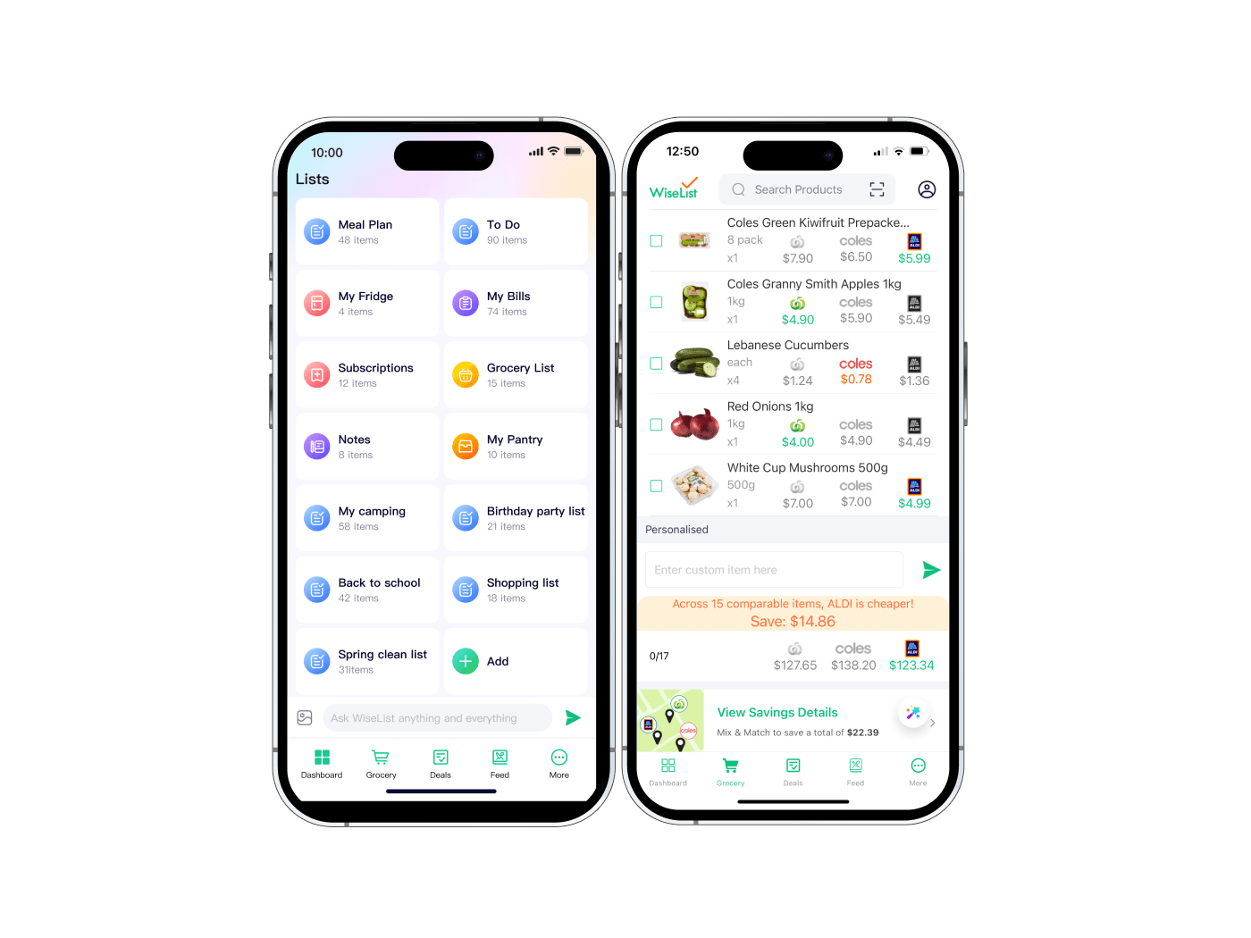 Three screenshots of the WiseList app showing the grocery comparison, meal plan, and lists features.