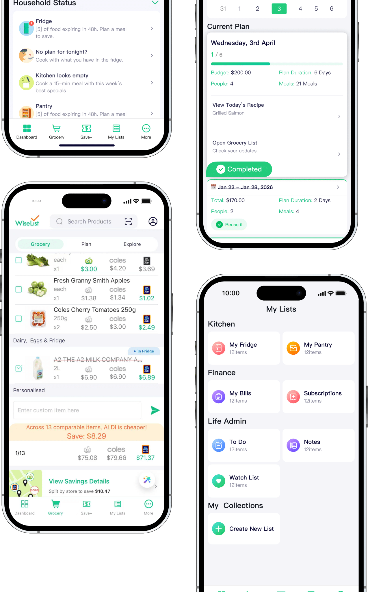 Three screenshots of the WiseList app showing the grocery comparison, meal plan, and lists features.