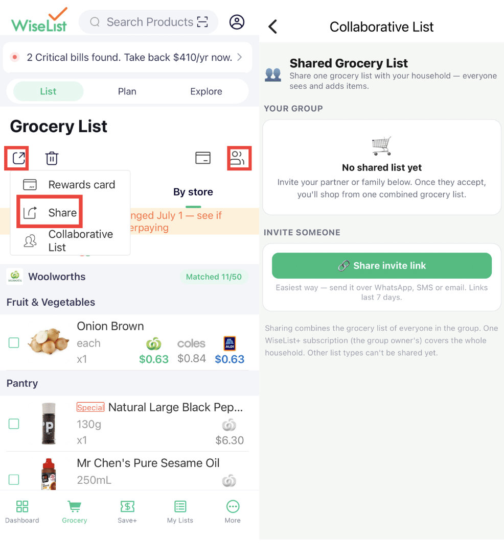 WiseList Collaborative Shopping Feature