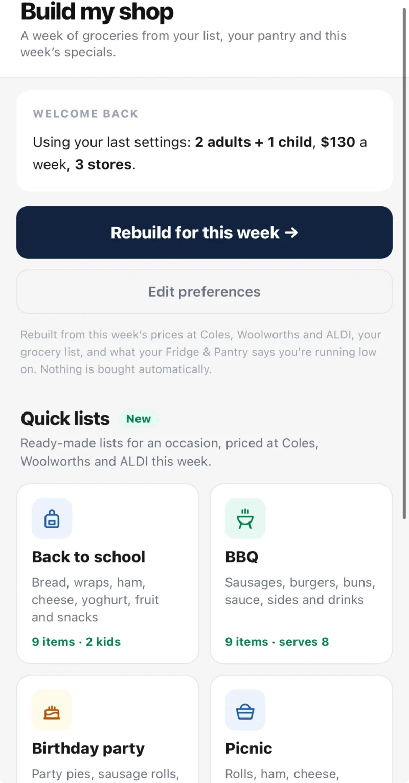 The Build My Shop screen in the WiseList app, with Quick lists below the Rebuild button
