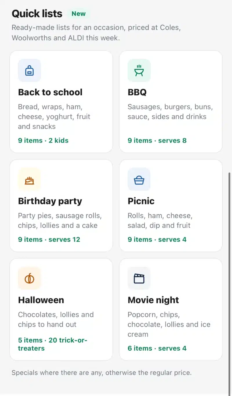 Quick lists in the WiseList app: Back to school, BBQ, Birthday party, Picnic, Halloween and Movie night