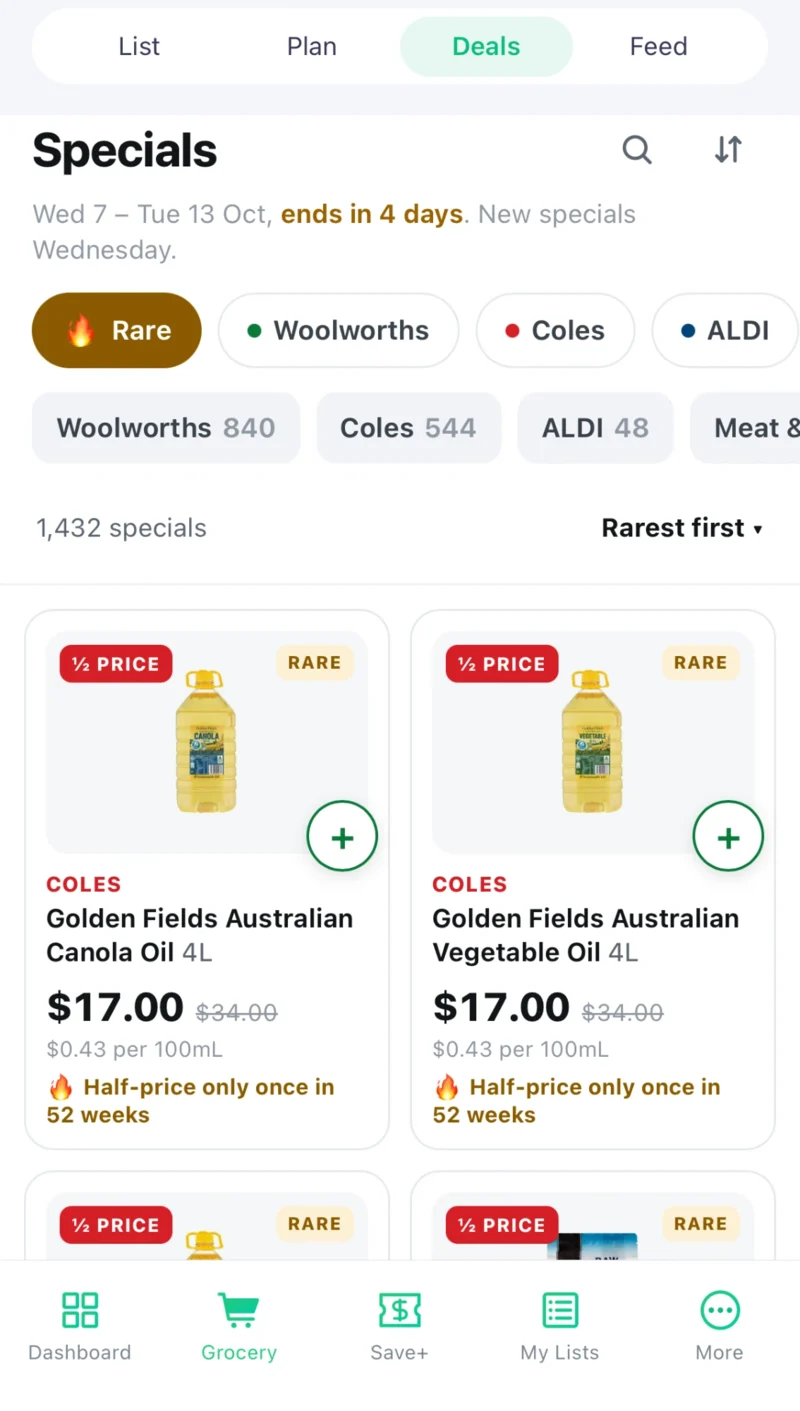 The Specials screen in the WiseList app, on the Rare tab, showing half-price specials at Coles