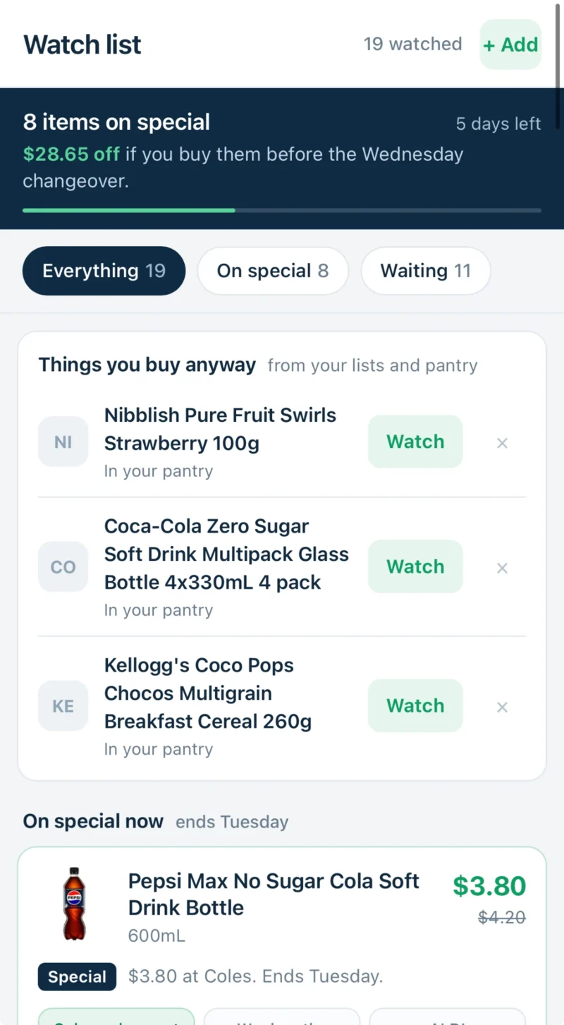 The Watch List screen in the WiseList app: 8 of 19 watched items on special, and suggestions from your lists and pantry